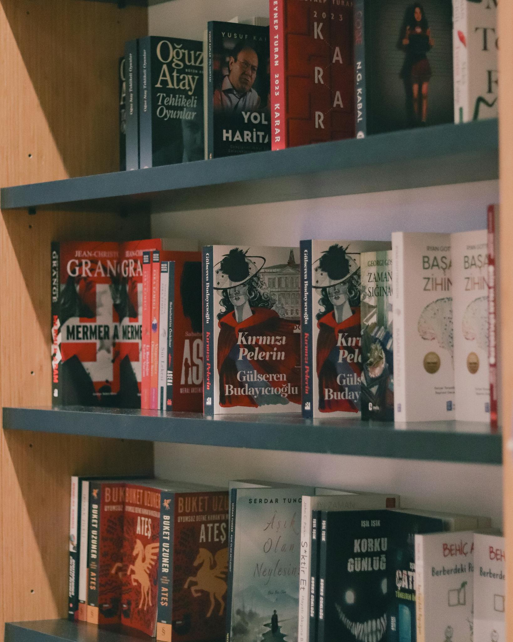 A wide variety of books neatly arranged on a bookshelf in a bookstore setting.